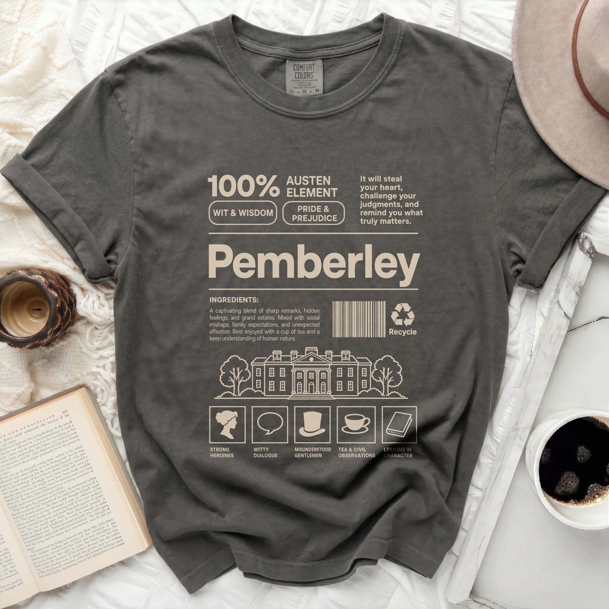 Pemberley t-shirt with "100% Austen Element Wit & Wisdom Pride & Prejudice" text.