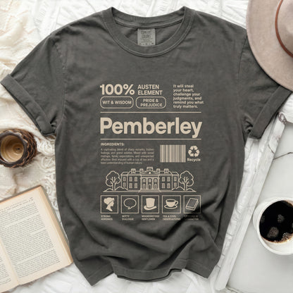 Pemberley t-shirt with "100% Austen Element Wit & Wisdom Pride & Prejudice" text.