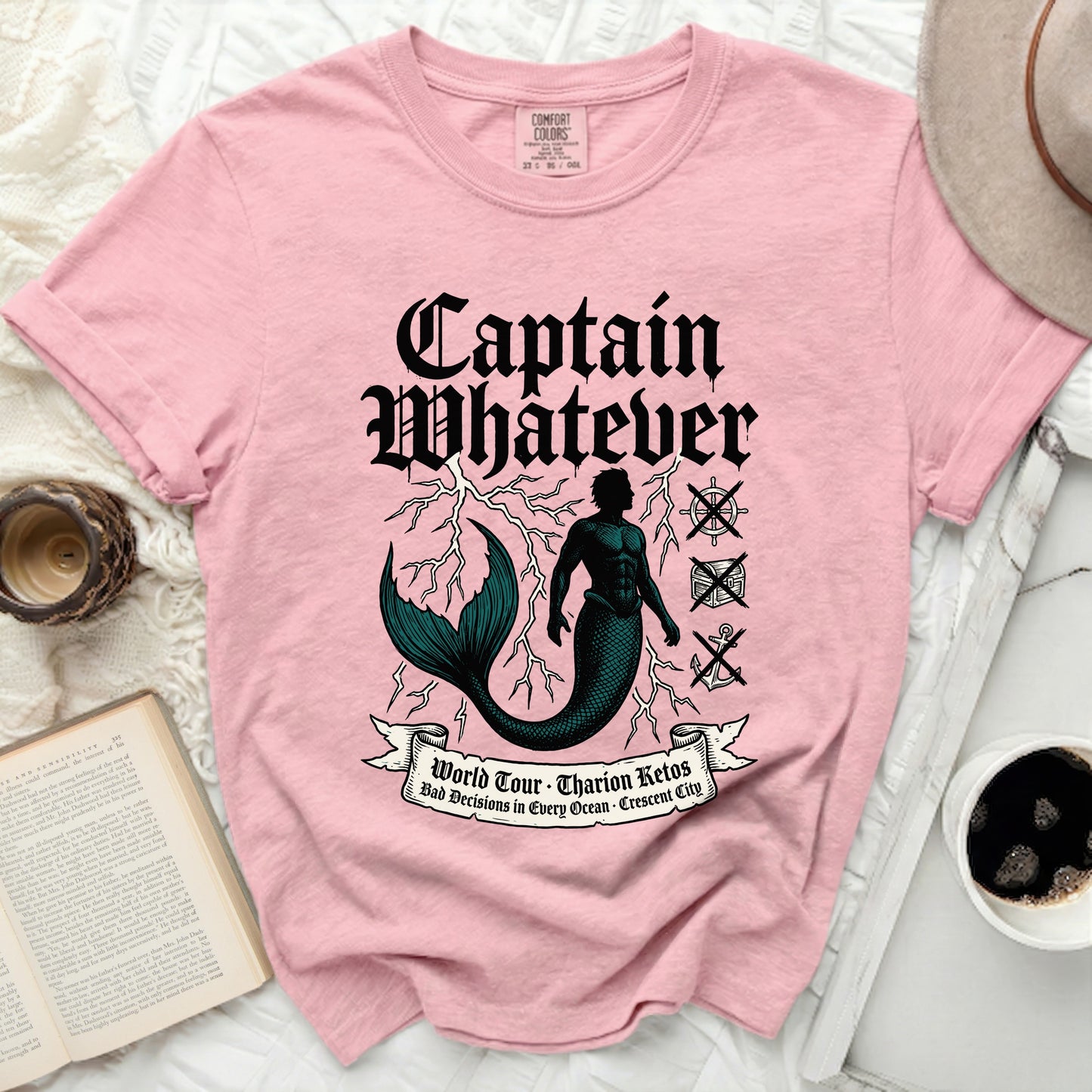 Pink t-shirt with "Captain Whatever" and mermaid graphic.