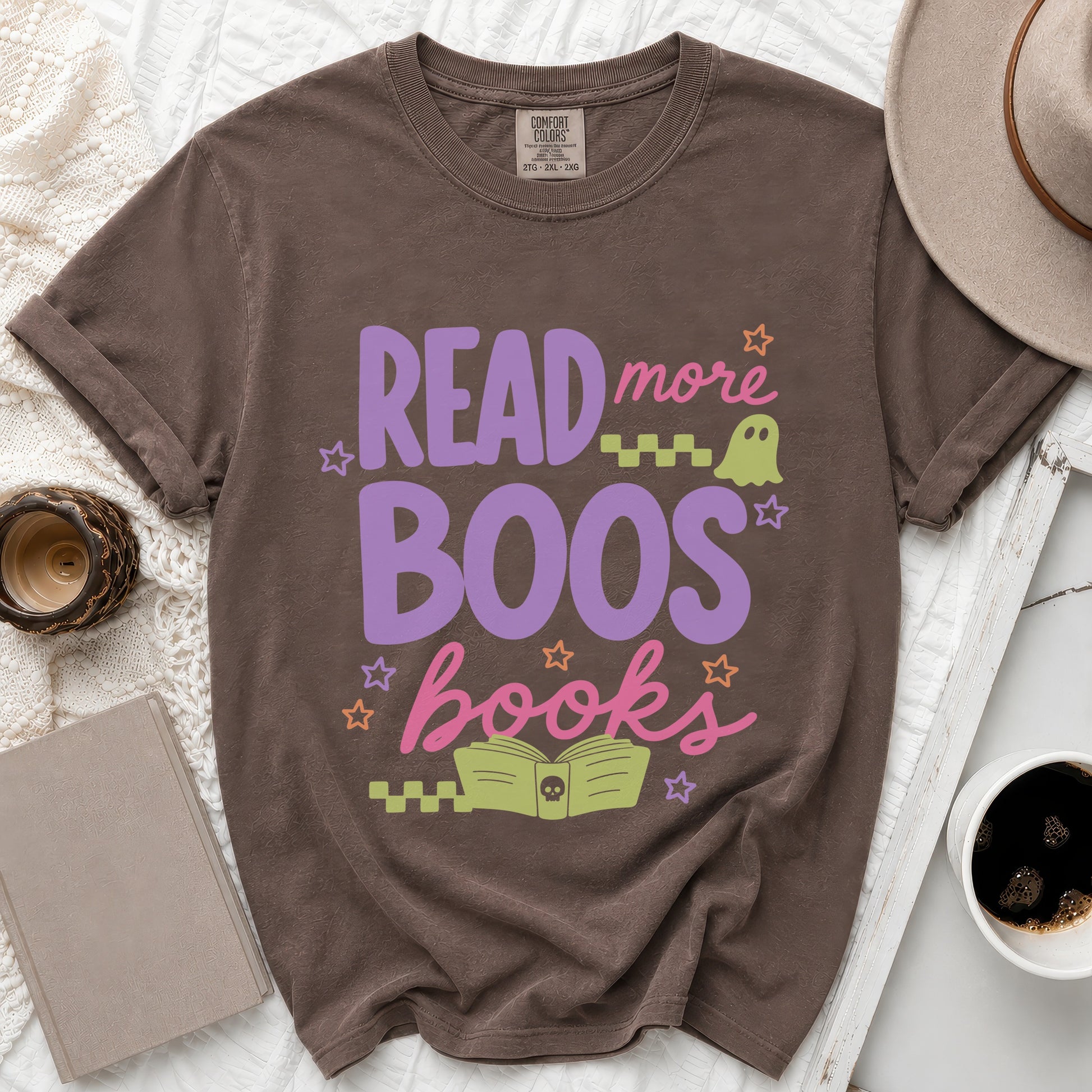 Brown t-shirt with "Read more boos books" text and a ghost graphic.