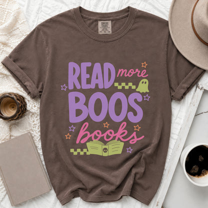 Brown t-shirt with "Read more boos books" text and a ghost graphic.