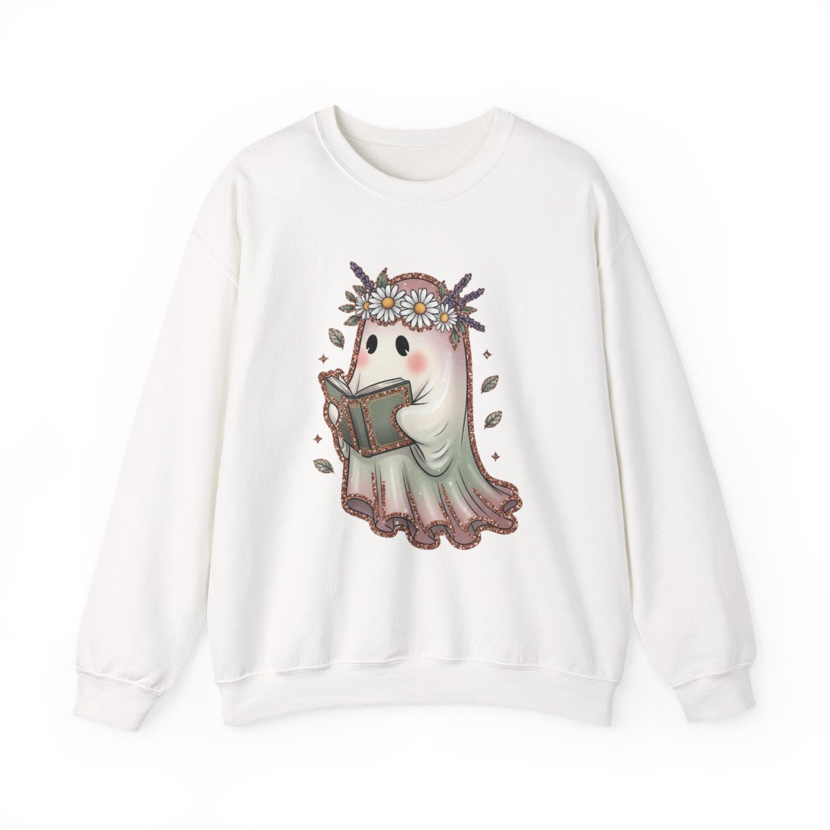Cute Ghost Reading a Book with Flower Crown Graphic Sweatshirt - MagicMerchEmporium