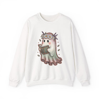 Cute Ghost Reading a Book with Flower Crown Graphic Sweatshirt - MagicMerchEmporium