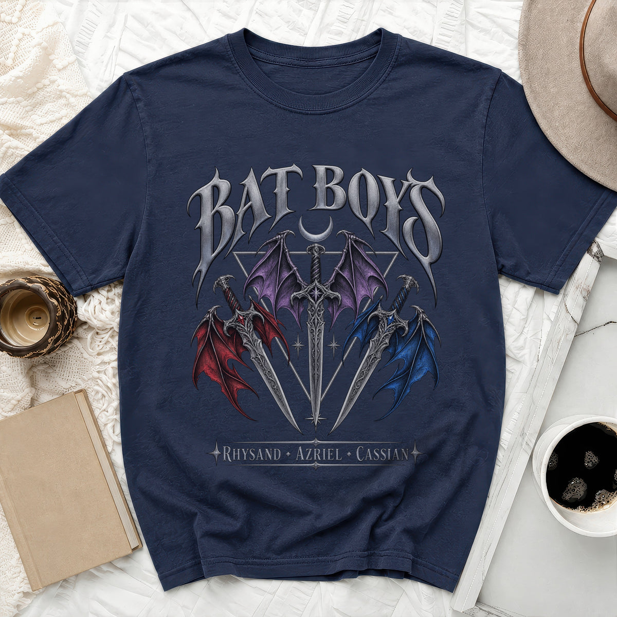 Navy t-shirt with "BAT BOYS" text, swords, and wings, plus names Rhysand, Azriel, Cassian.