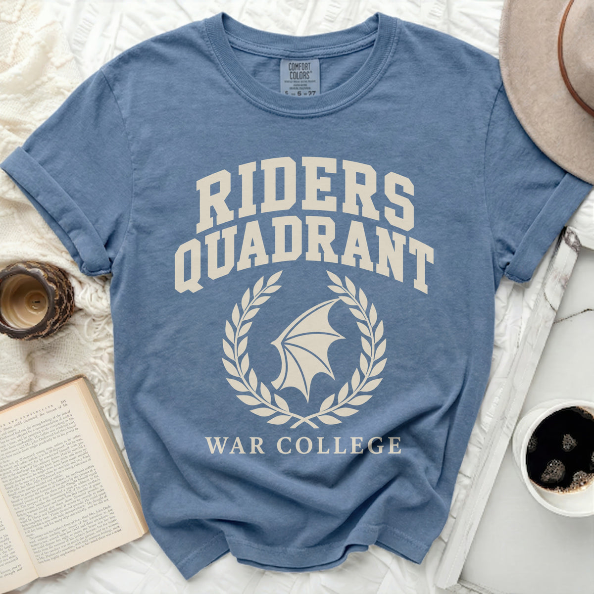 Blue t-shirt with Riders Quadrant War College text and laurel wreath emblem.