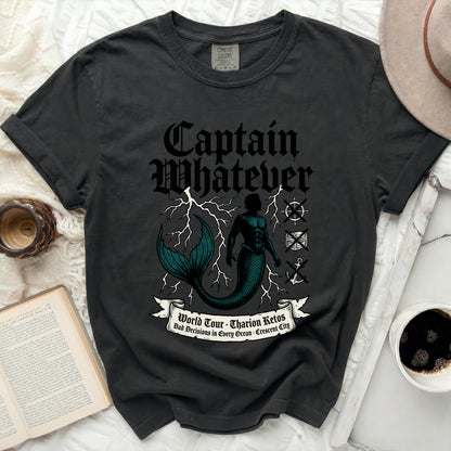 Black t-shirt with "Captain Whatever" and mermaid graphic.