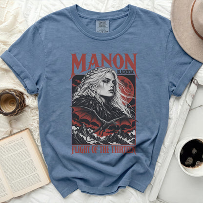Manon Blackbeak "Flight of the Thirteen" graphic t-shirt with dragon art.