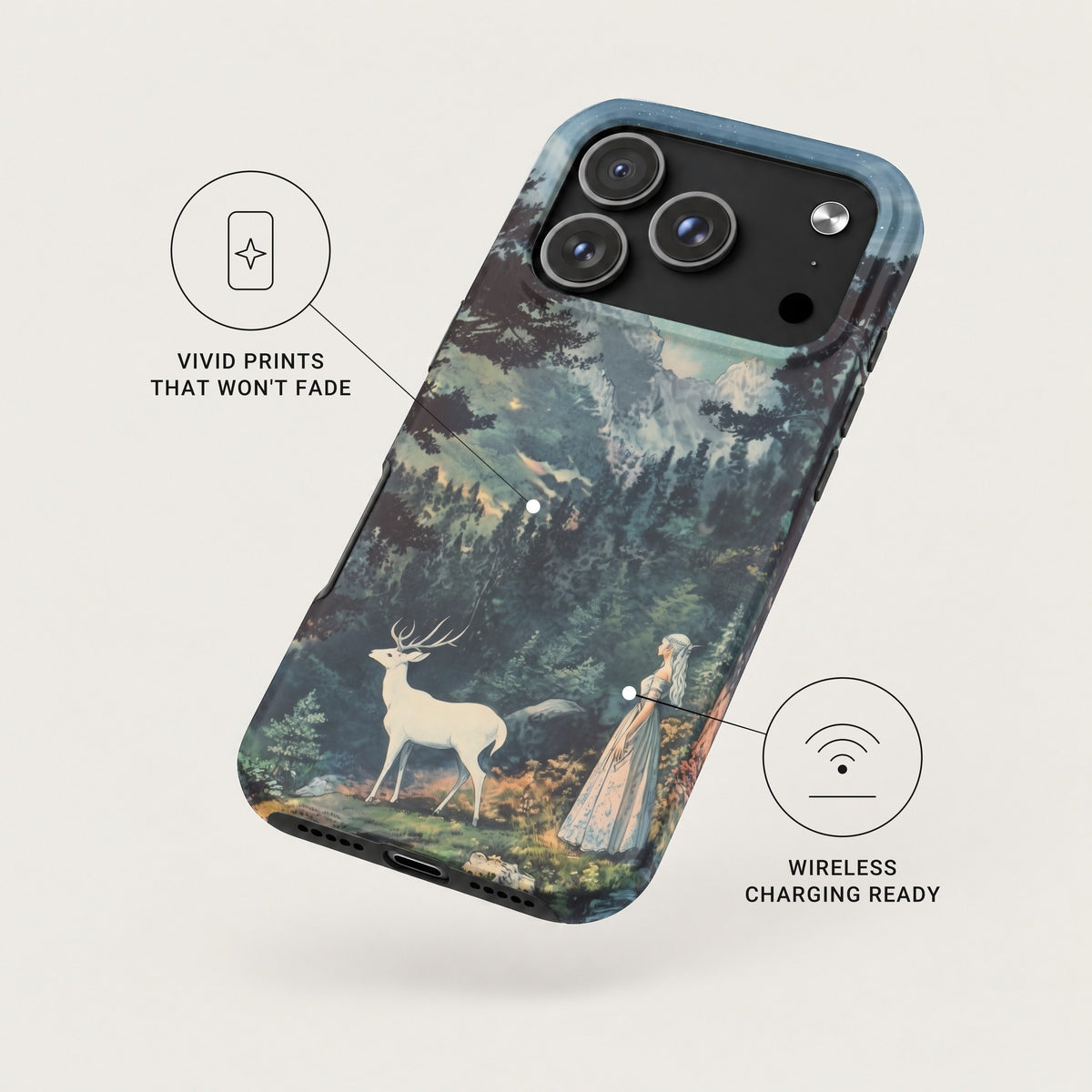 Smartphone case with an art print of a white deer and woman in a forest, featuring wireless charging capability.