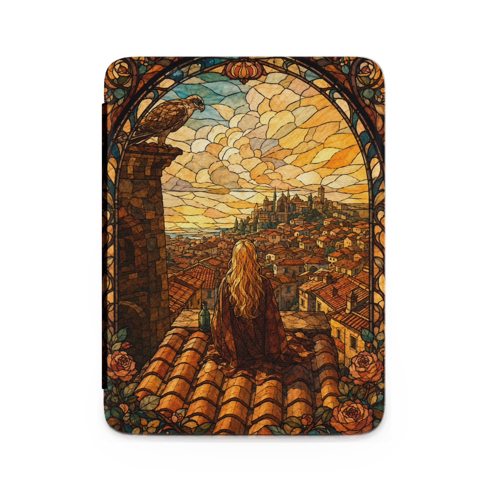 Woman with blonde hair gazes over European cityscape from a rooftop, stained glass style.