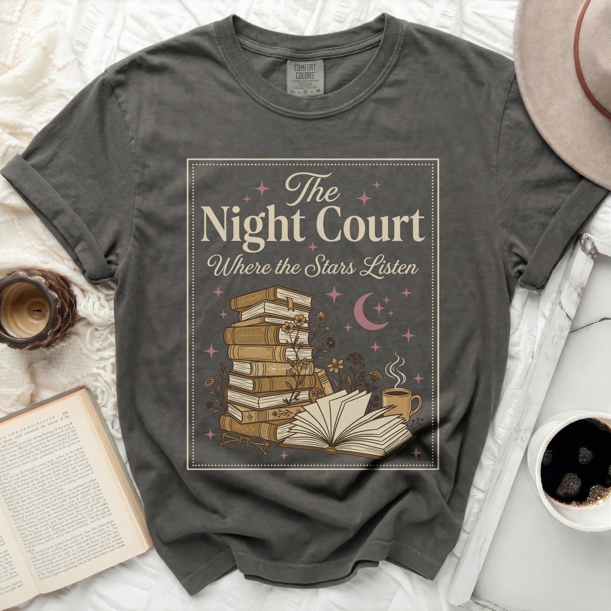 Grey t-shirt with "The Night Court Where the Stars Listen" and book graphic.