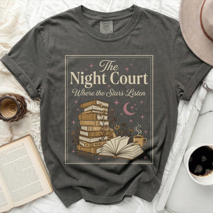 Grey t-shirt with "The Night Court Where the Stars Listen" and book graphic.