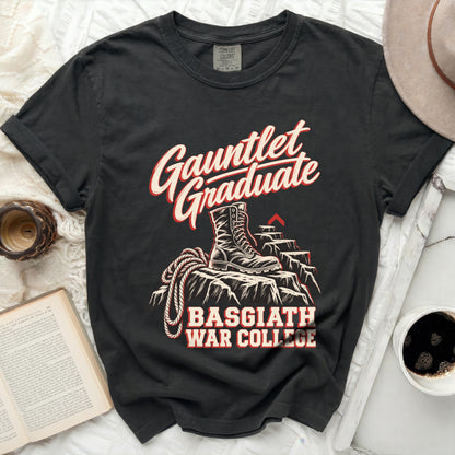 Black t-shirt with "Gauntlet Graduate Basgiath War College" text and boot graphic.