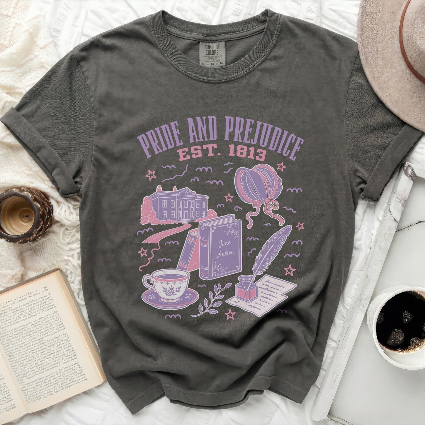 Pride and Prejudice Est. 1813 graphic tee with Jane Austen items.