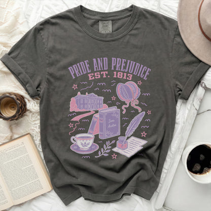 Pride and Prejudice Est. 1813 graphic tee with Jane Austen items.