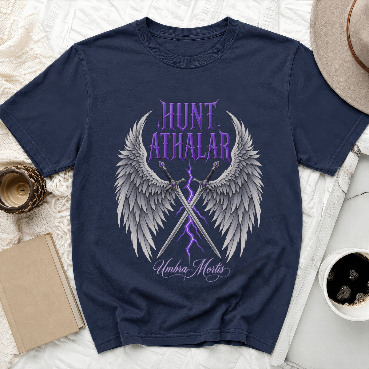 Navy t-shirt with purple "Hunt Athalar" text, wings, and swords.