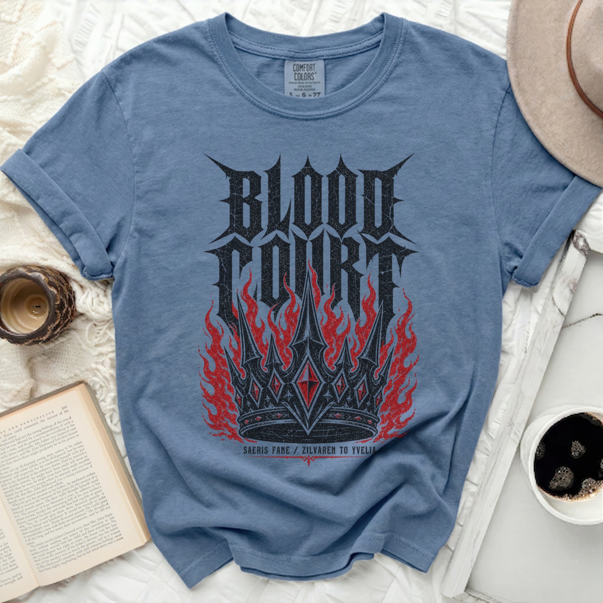 Blue t-shirt with "BLOOD COURT" logo and flames.