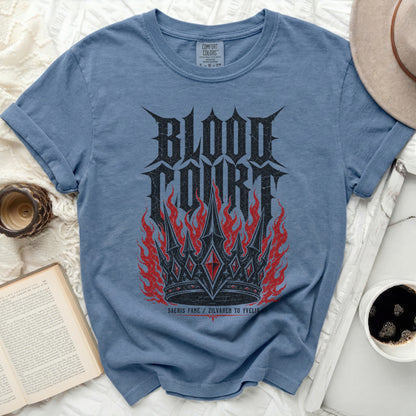 Blue t-shirt with "BLOOD COURT" logo and flames.