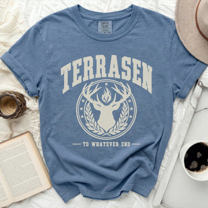 Blue t-shirt with "TERRASEN" text, deer emblem, and "TO WHATEVER END" quote.