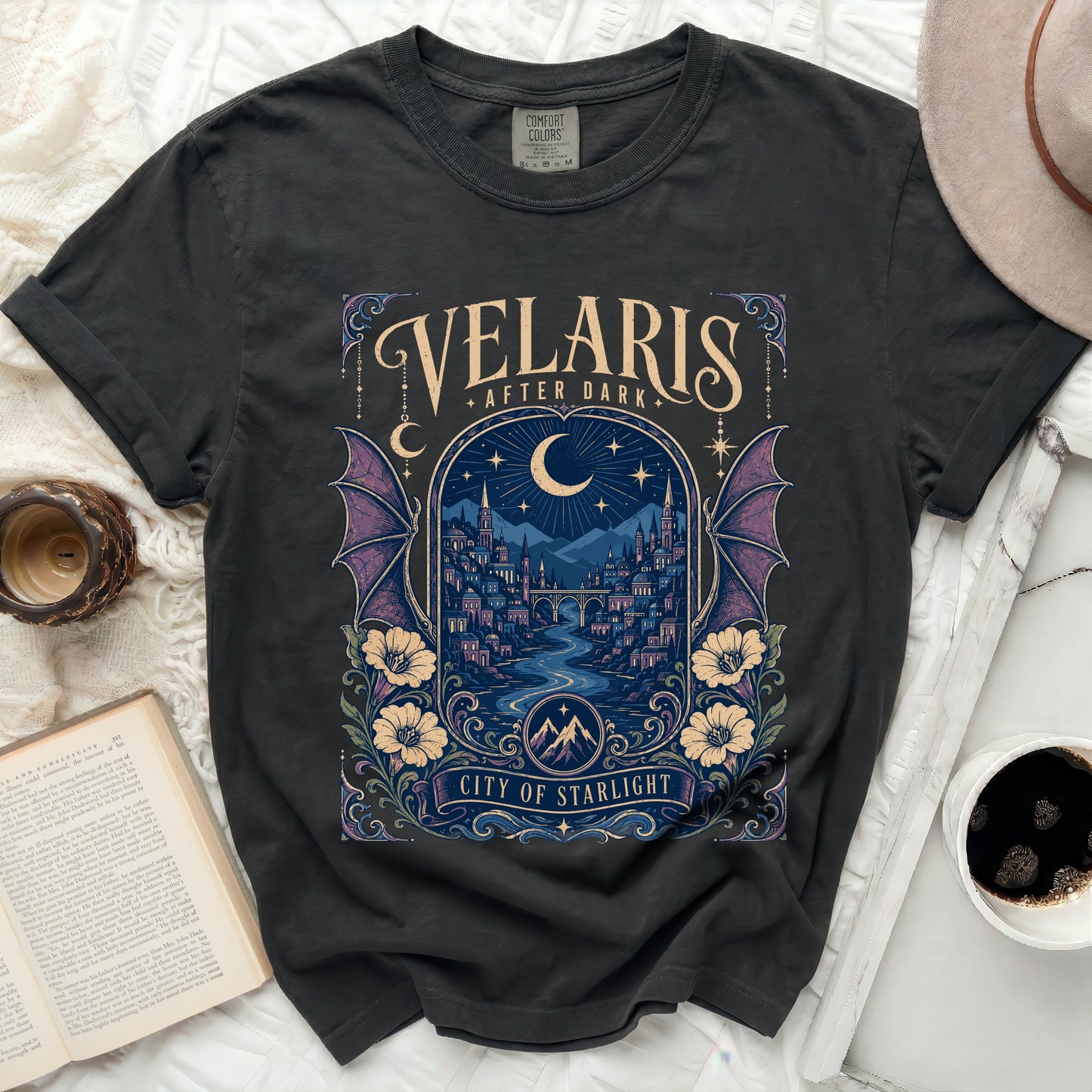 Dark t-shirt with Velaris After Dark City of Starlight graphic.
