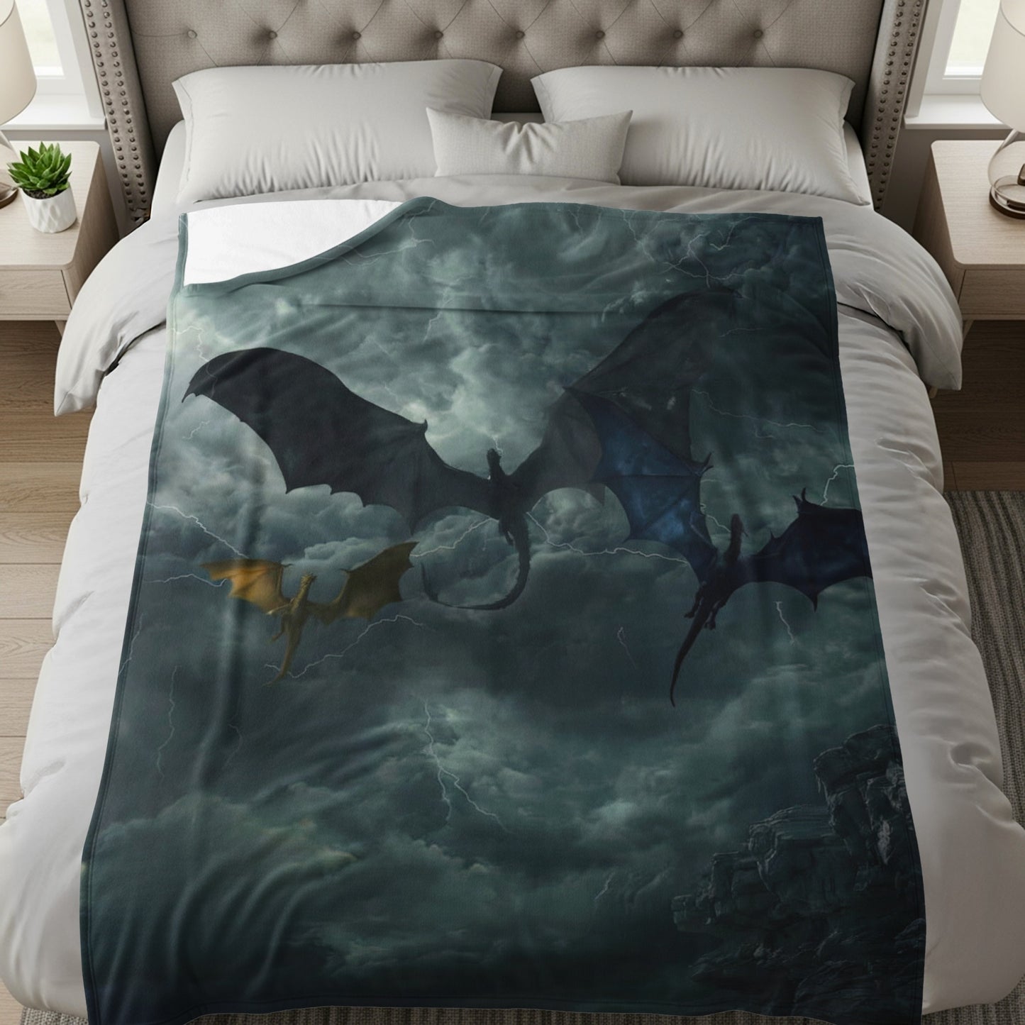 Three Dragons Flying in Stormy Sky on Blanket