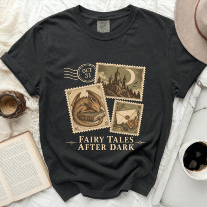 Black t-shirt with "Fairy Tales After Dark" and vintage stamp designs.