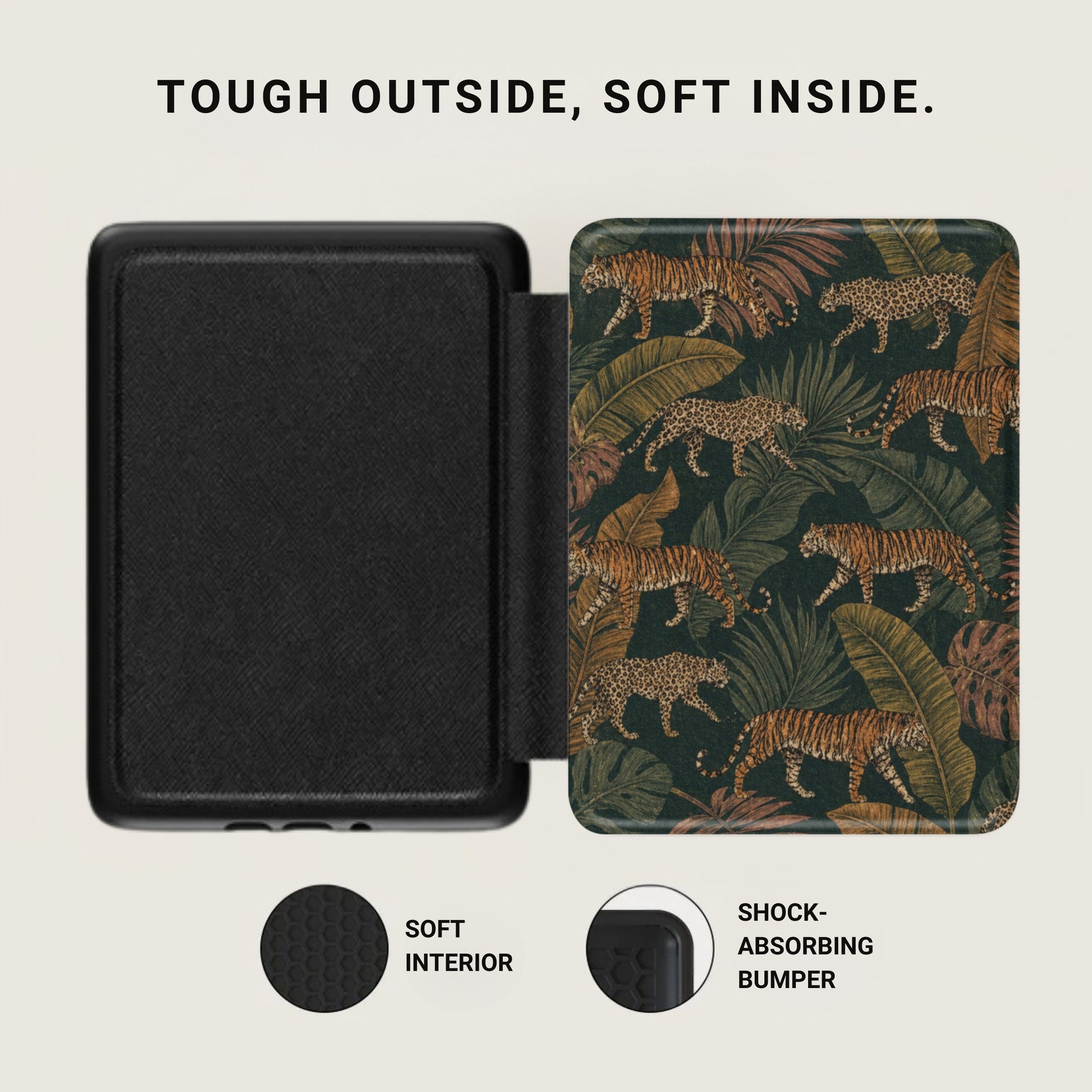 Black case with jungle pattern, tigers, soft interior, and shock-absorbing bumper.