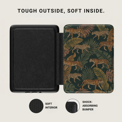 Black case with jungle pattern, tigers, soft interior, and shock-absorbing bumper.