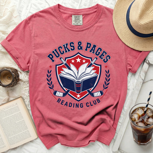 Pucks & Pages Reading Club Hockey Tee in Crunchberry
