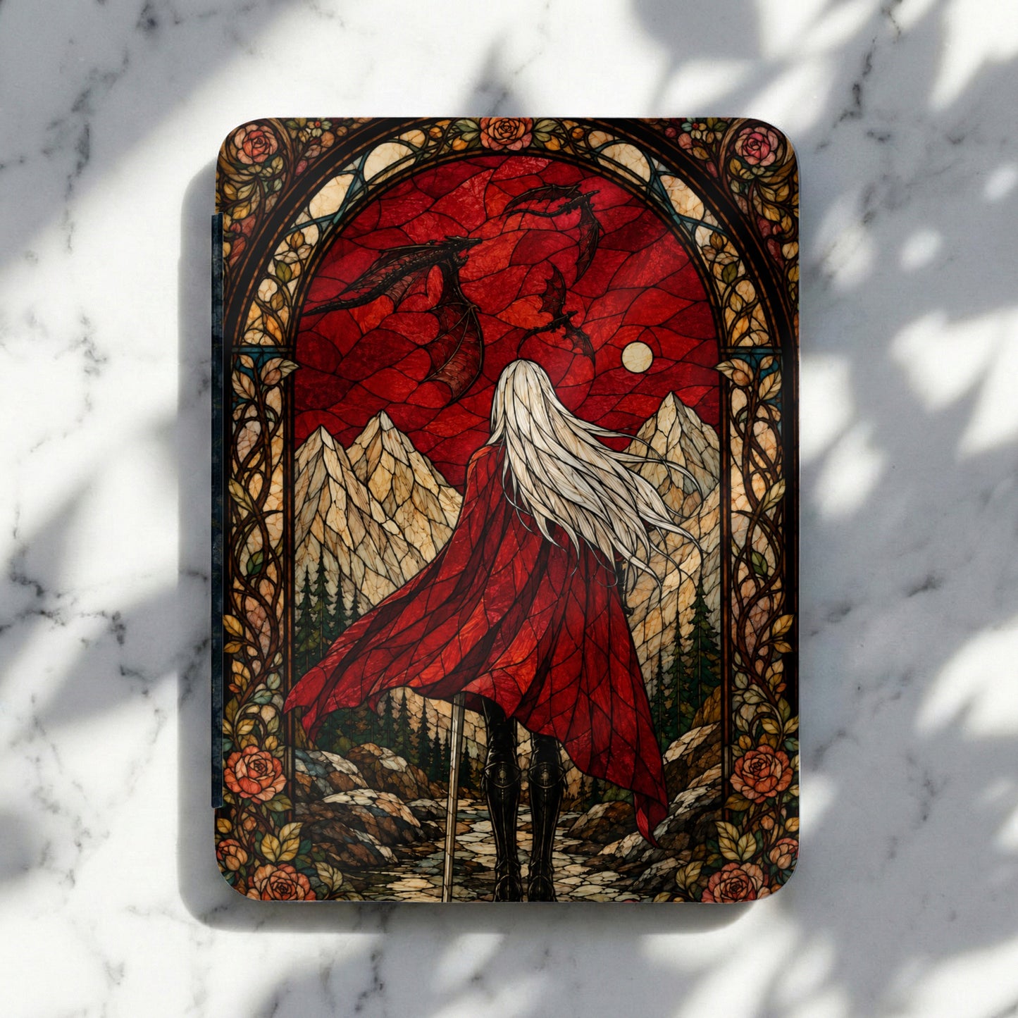 Dragon and person in red cape against stained glass mountains and red sky.