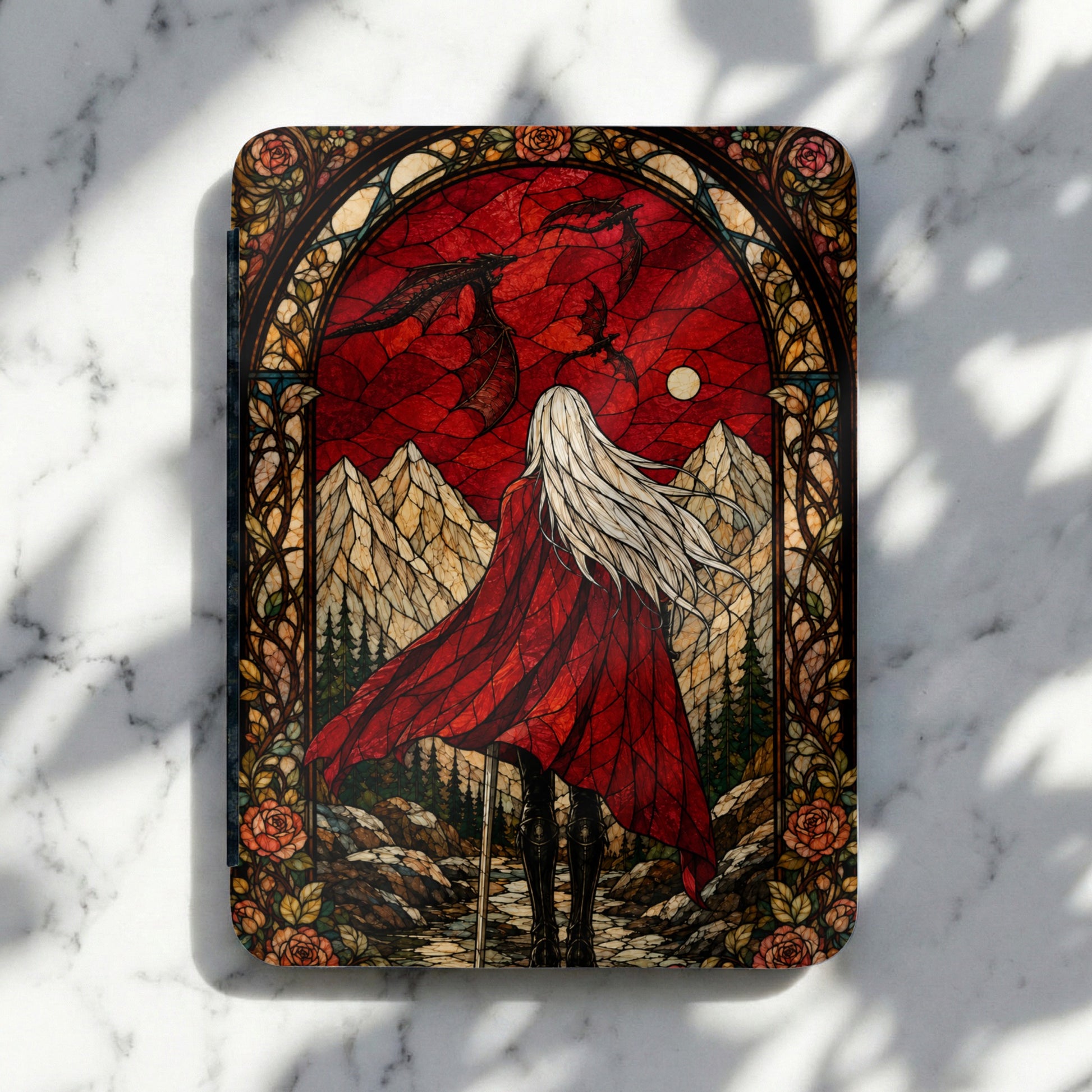 Dragon and person in red cape against stained glass mountains and red sky.