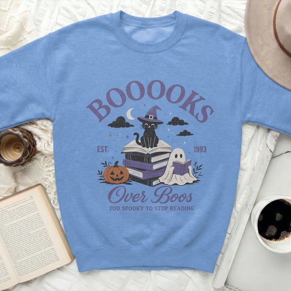Boooks Over Boos Halloween Sweatshirt in Carolina Blue