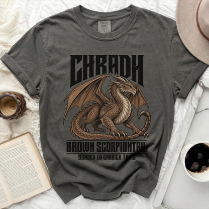 Grey t-shirt with a brown dragon design and text "CHRADH BROWN SCORPIONTAIL".