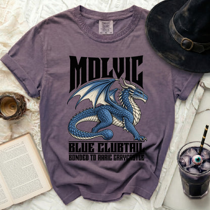 Purple t-shirt with blue dragon graphic, "MOLVIC," "BLUE CLUBTAIL," and text.