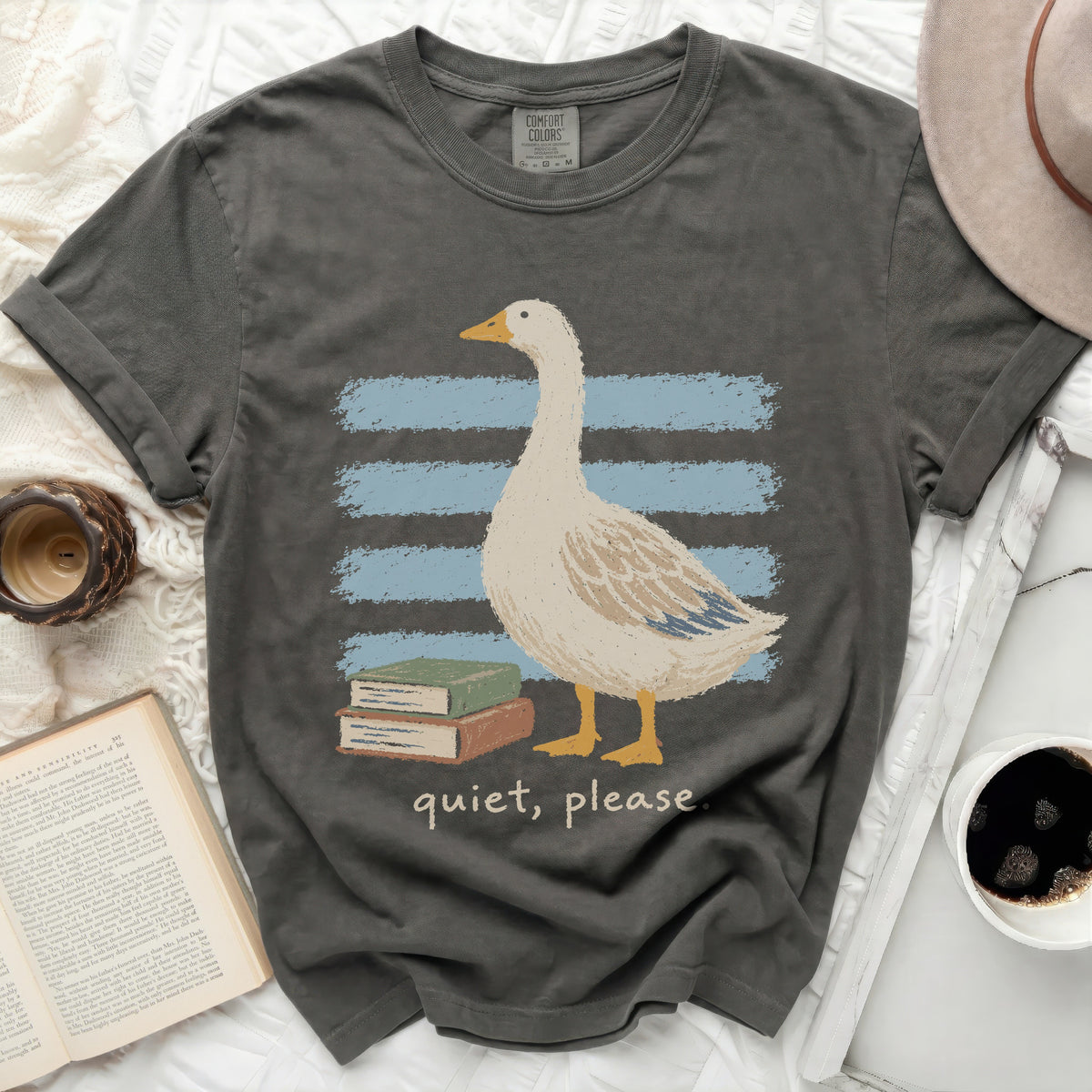 Dark grey t-shirt with a goose graphic and "quiet, please." text.