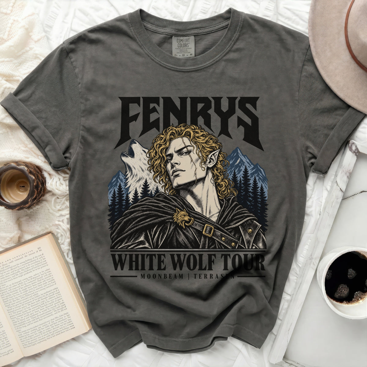 Dark gray t-shirt with Fenrys "White Wolf Tour" graphic and mountain scene.