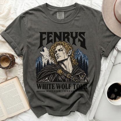 Dark gray t-shirt with Fenrys "White Wolf Tour" graphic and mountain scene.
