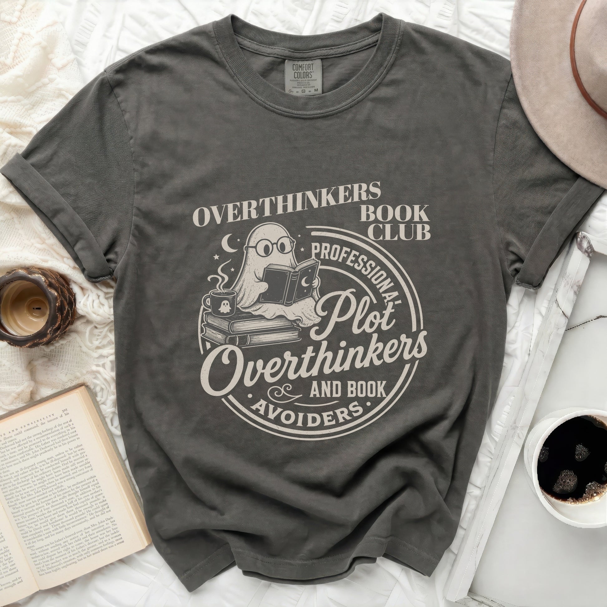 Overthinkers Book Club ghost reading with coffee.