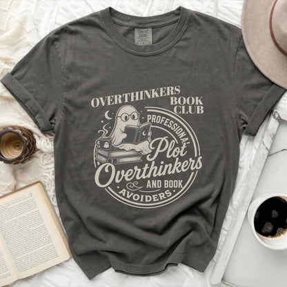 Overthinkers Book Club ghost reading with coffee.