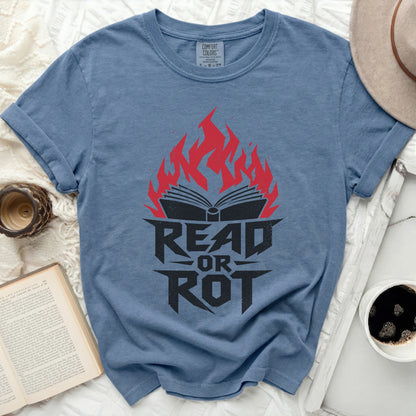 Blue t-shirt with "Read or Rot" text and flaming open book design.