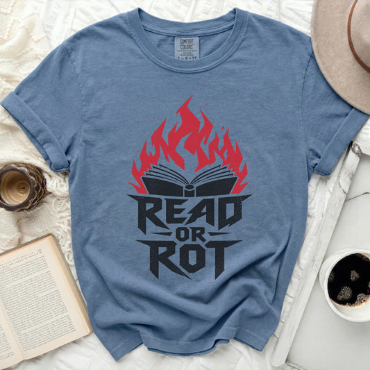 Blue t-shirt with "Read or Rot" text and flaming open book design.