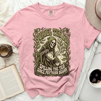 Grim reaper pouring tea with text "Suriel Tea Co. Spilling the tea since Prythian began".