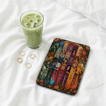 Book cover art with a stained-glass design of various characters and swords.