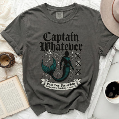 Dark grey t-shirt with "Captain Whatever" and mermaid graphic.