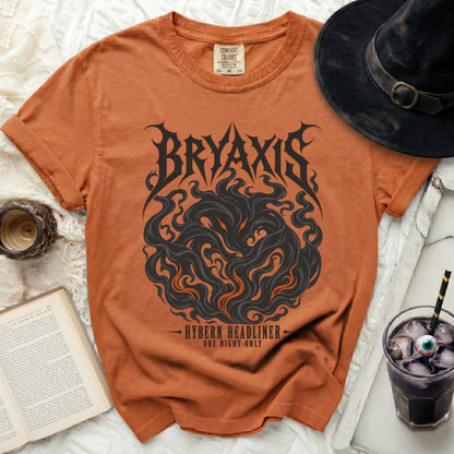 Orange Comfort Colors t-shirt with Bryaxis Hybern Headliner graphic, black witch hat.