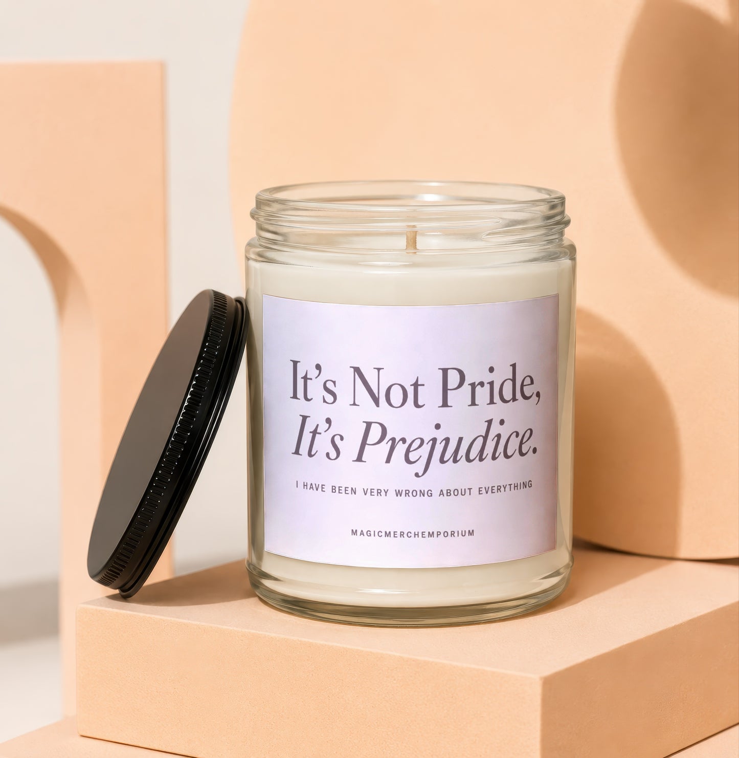 Candle labeled "It's Not Pride, It's Prejudice." with the quote.