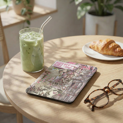 Ipad case with "once upon a time" text and knight illustration rests on a table.