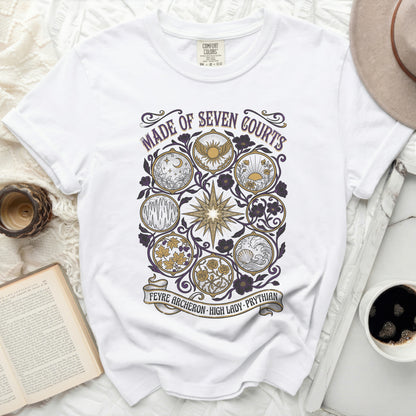 White t-shirt with "Made of Seven Courts" and Feyre Archeron Prythian design.