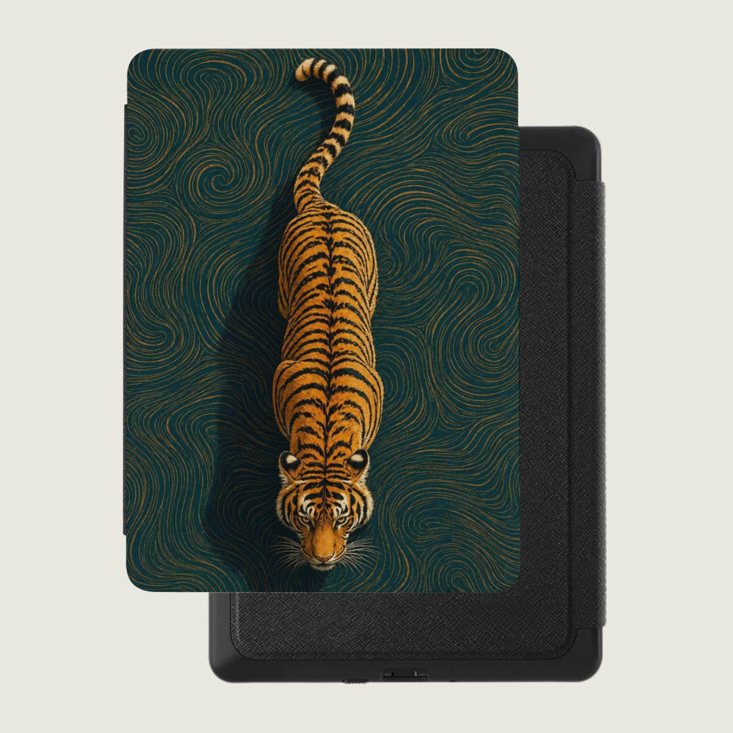 Tiger pattern case on a black device with a light background