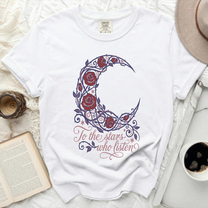 White t-shirt with crescent moon design of roses and the text "To the stars who listen".