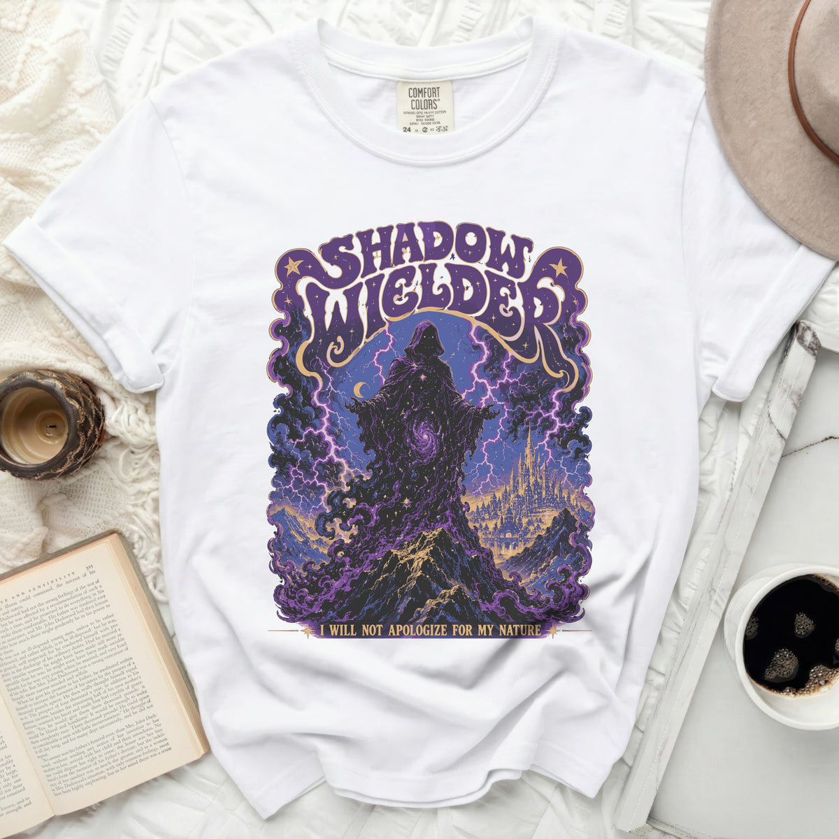 White t-shirt with "Shadow Welder" graphic and "I will not apologize for my nature" text.